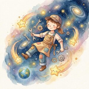 Noa schwebt im Weltall vor ihrer Sternschnuppen-Werkstatt, umgeben von leuchtenden Sternschnuppen