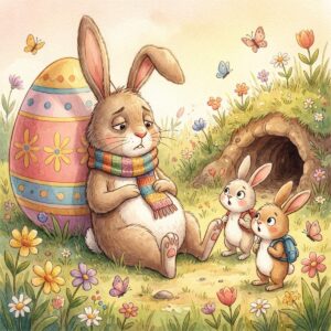 Erschöpfter Osterhase Oskar sitzt neben einem riesigen bunten Ei