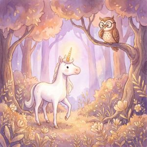 Weißes Einhorn Perla mit goldenem Horn in einem magischen Wald, daneben eine weise Eule auf einem Ast