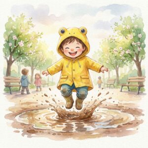 Kind Toni springt mit gelbem Frosch-Regenanzug in eine Matschpfütze im Park