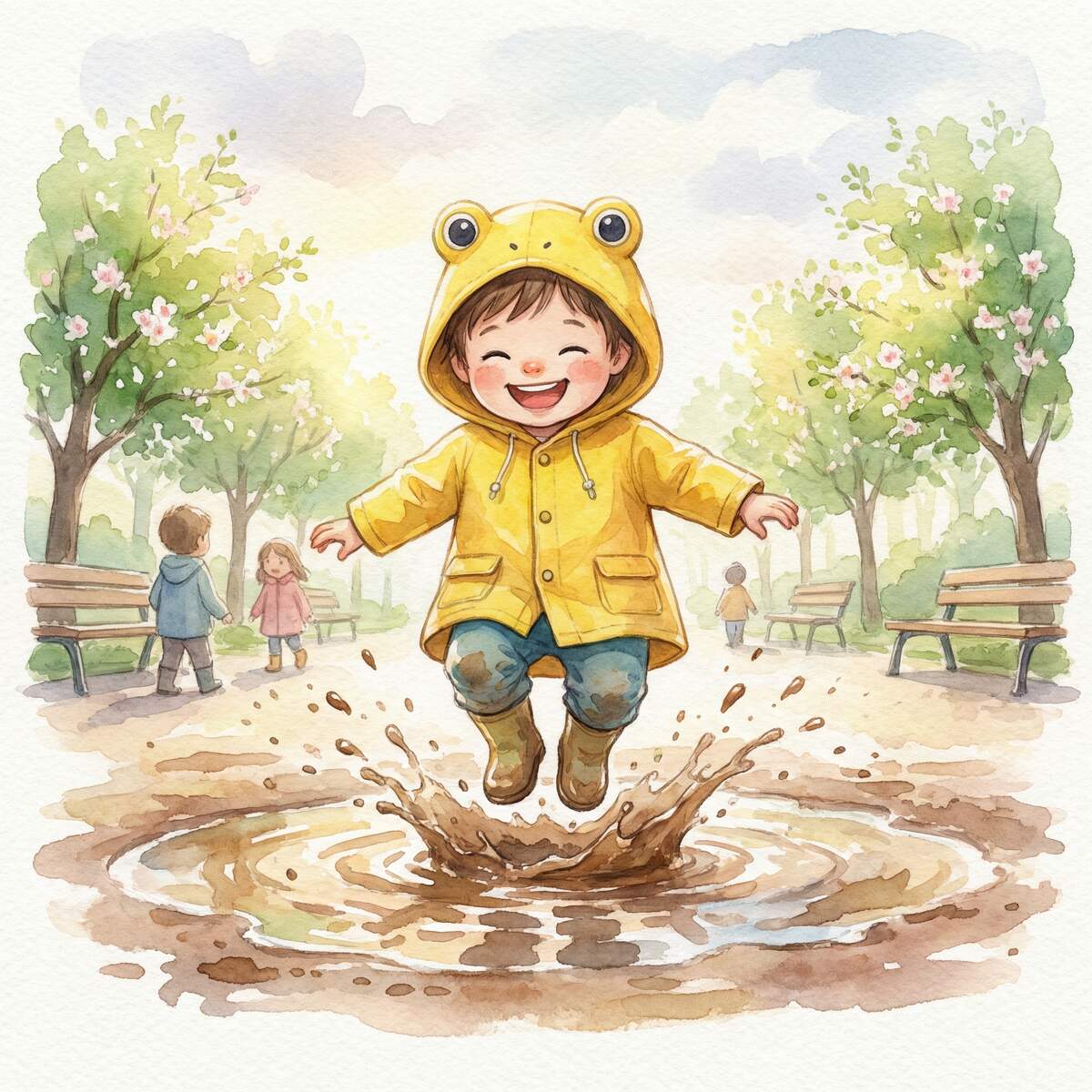 Kind Toni springt mit gelbem Frosch-Regenanzug in eine Matschpfütze im Park