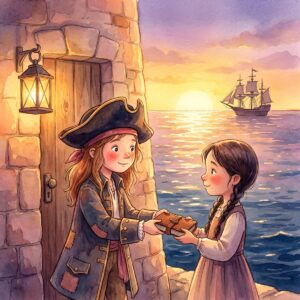 Piratenmädchen Rika reicht einem Mädchen mit Zöpfen ein Buch am Leuchtturm