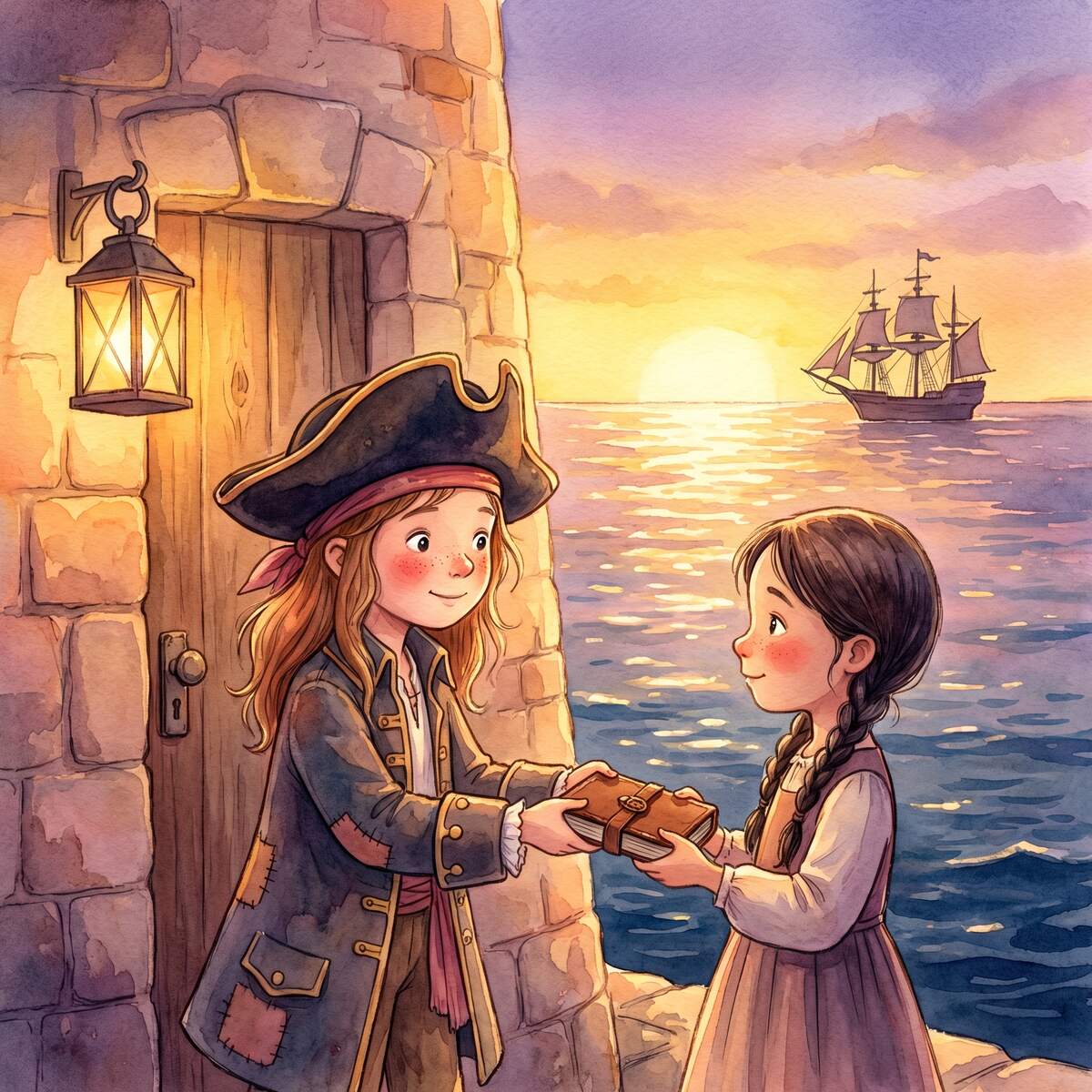 Rikas großer Entschluss 1 Piratenmädchen Rika reicht einem Mädchen mit Zöpfen ein Buch am Leuchtturm