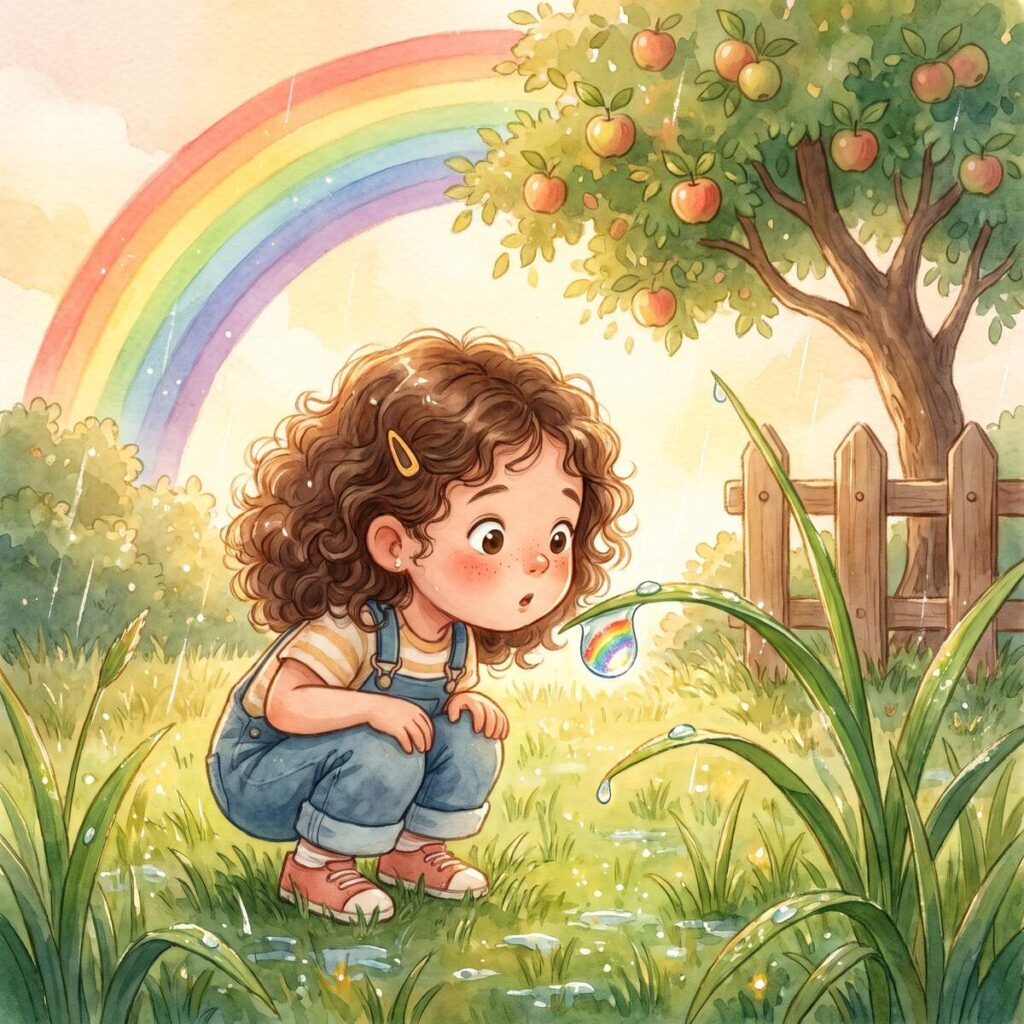 Runa entdeckt einen winzigen Regenbogen in einem Wassertropfen im Gras nach dem Sommerregen