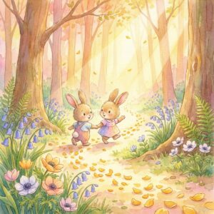 Zwei Hasenkinder folgen einer Blütenspur durch den Frühlingswald