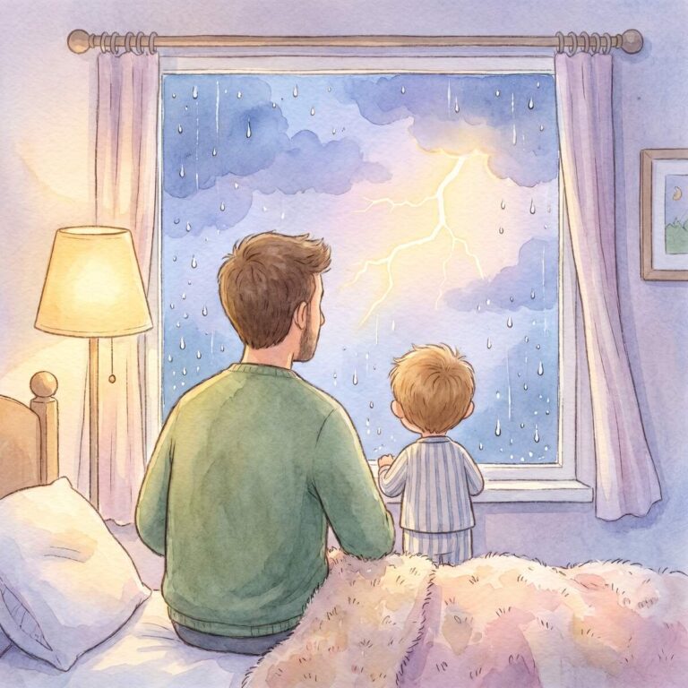 Til steht nachts mit Papa am Fenster und beobachtet beruhigt das Gewitter draußen