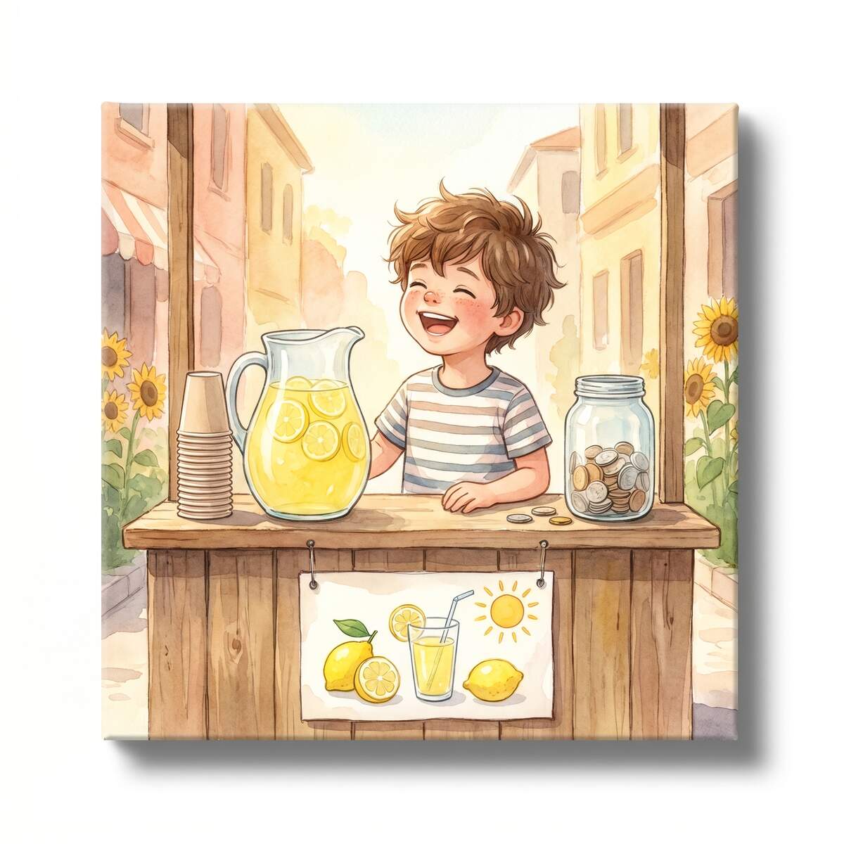 Tjarks Limonadenstand 1 Junge an einem Limonadenstand auf sonniger Straße, Kanne mit gelber Limonade und Becher