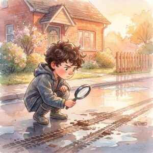 Junge Tomás untersucht Reifenspuren auf dem Gehweg vor seinem Haus