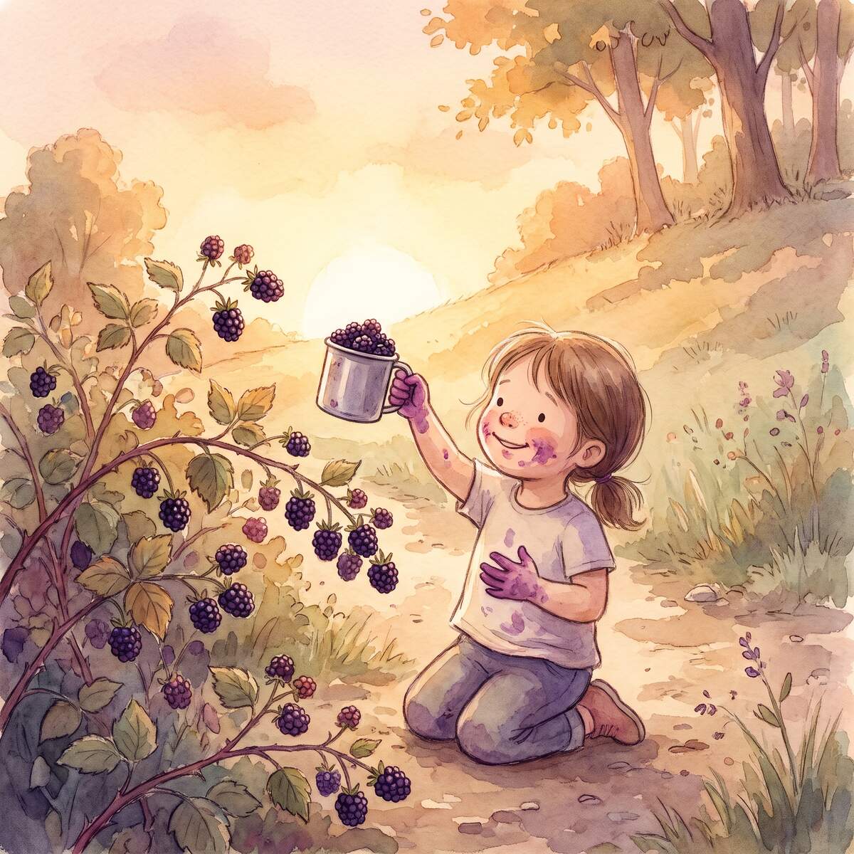 Wiebke und der Brombeer-Wettstreit 1 Wiebke kniet an der Brombeerhecke und hält lächelnd einen Becher voller lila Brombeeren hoch