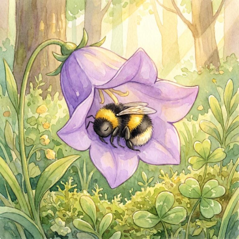 Eine pelzige Hummel schläft auf einer lila Glockenblume mitten auf der Wiese