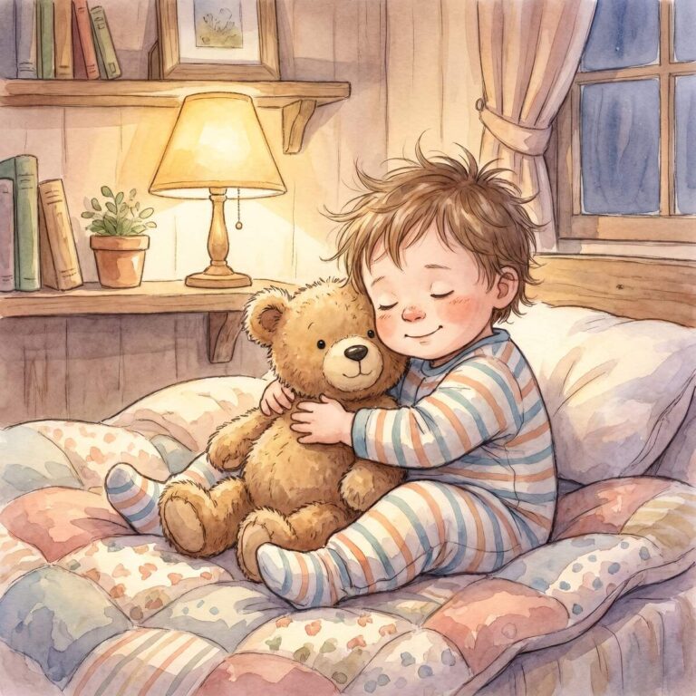 Kleiner Mio drückt glücklich seinen weichen Teddy Brumm im Bett