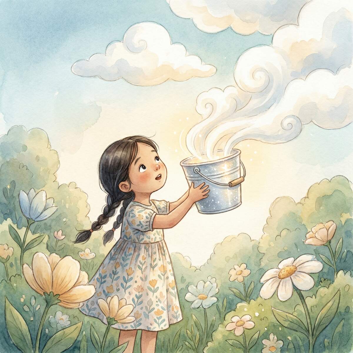 Die Wolkensammlerin 1 Mädchen Maya hält einen silbernen Eimer hoch, Wolken fliegen hinein